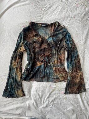 Y2K Frank Lyman Design Teal, Brown & Cream Sheer Ruffle Blouse